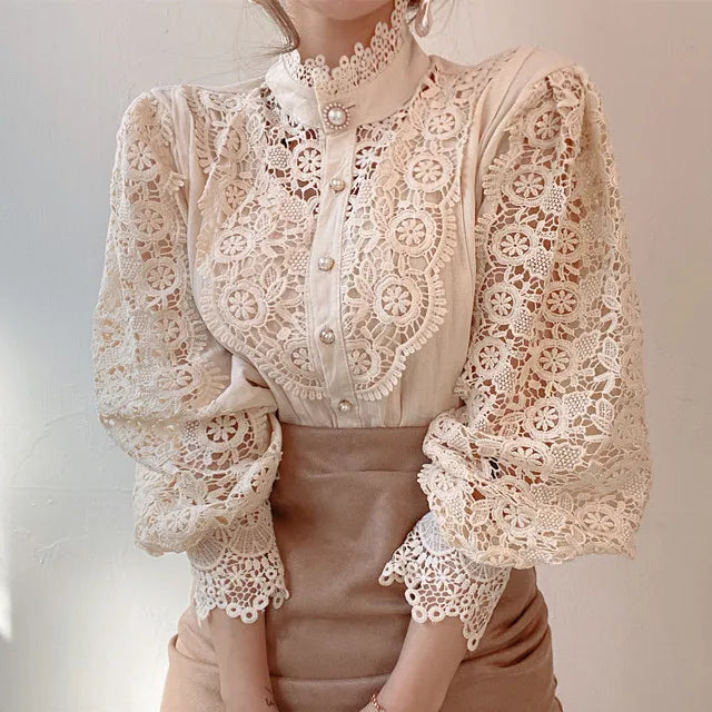 Elegant Hollow Out Long Sleeve Women Blouse with Petal Sleeves and Stand Collar, Stylish Office Shirt for Autumn Fashion