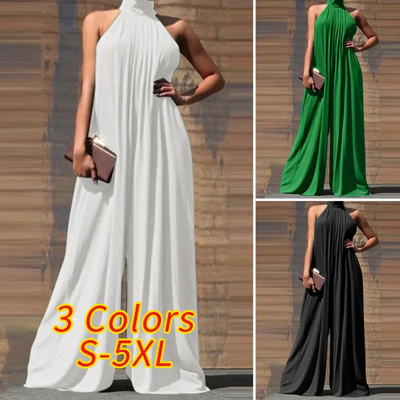 Elegant Sleeveless Wide Leg Jumpsuit for Women Party Casual Holiday Maxi Romper with Stand Collar and Back Button Closure