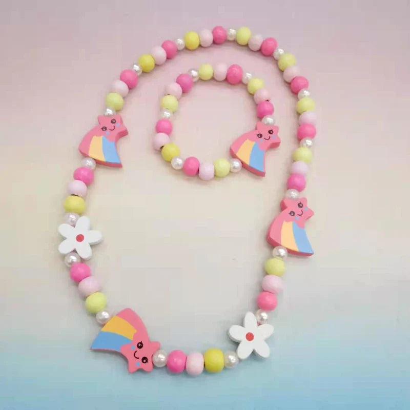 Colorful Cartoon Unicorn Wooden Jewelry Set for Kids Necklace and Bracelet Gifts