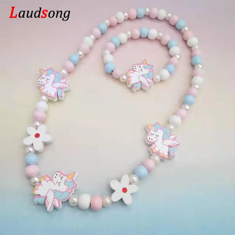 Colorful Cartoon Unicorn Wooden Jewelry Set for Kids Necklace and Bracelet Gifts