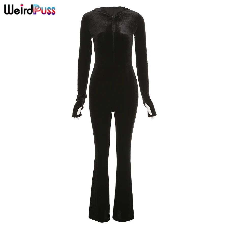 Weird Puss Velvet Zipper Hoodie Jumpsuit for Women Long Sleeve Skinny Stretchy Fitness Activewear Autumn Trend Hot Street Outfit