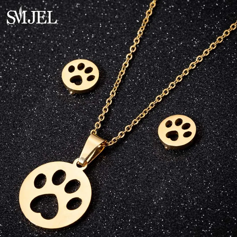 Gold Color Cat Jewelry Set for Men with Hollow Cat Necklace and Paw Earrings