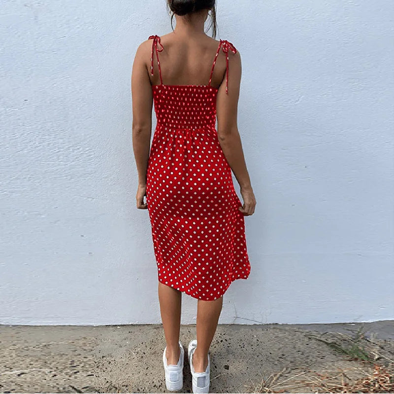 Polka Dot Sleeveless Sundress With Elastic Waist V Neck