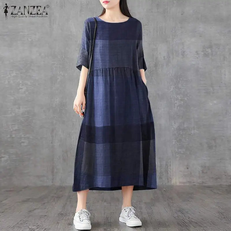 Cotton Linen Dress Plaid Midi With Side Pockets O Neck