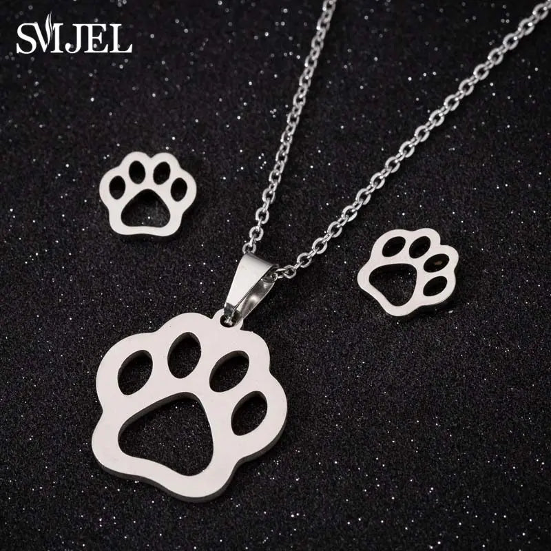 Stainless Steel Dog Paw Necklace and Earring Set for Women Cute Cat Pendant Jewelry Gift