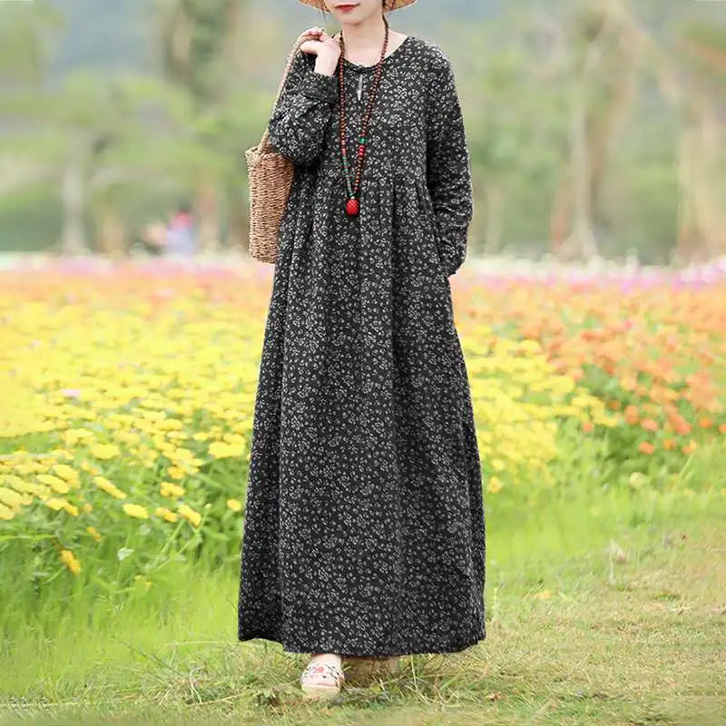 Floral Print Maxi Dress With Long Sleeves O Neck Boho Style