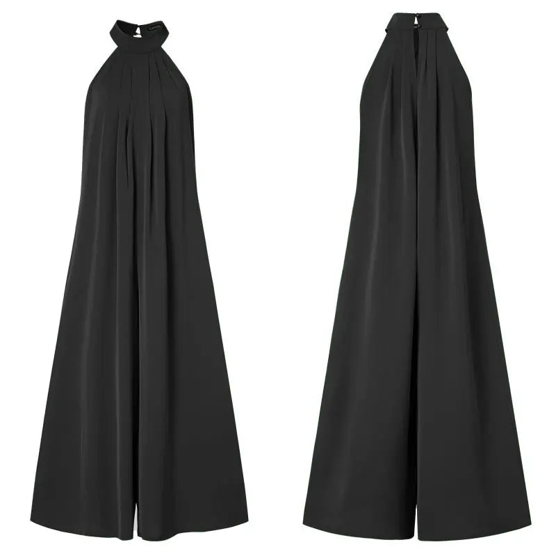 Elegant Sleeveless Wide Leg Jumpsuit for Women Party Casual Holiday Maxi Romper with Stand Collar and Back Button Closure