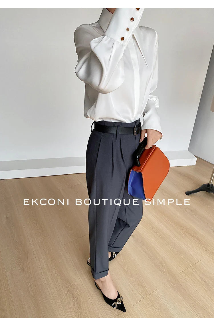 Elegant Turn Down Collar Satin Silk Blouse Vintage Button Closure White Lantern Sleeve Office Lady Shirt Chic Feminine Top