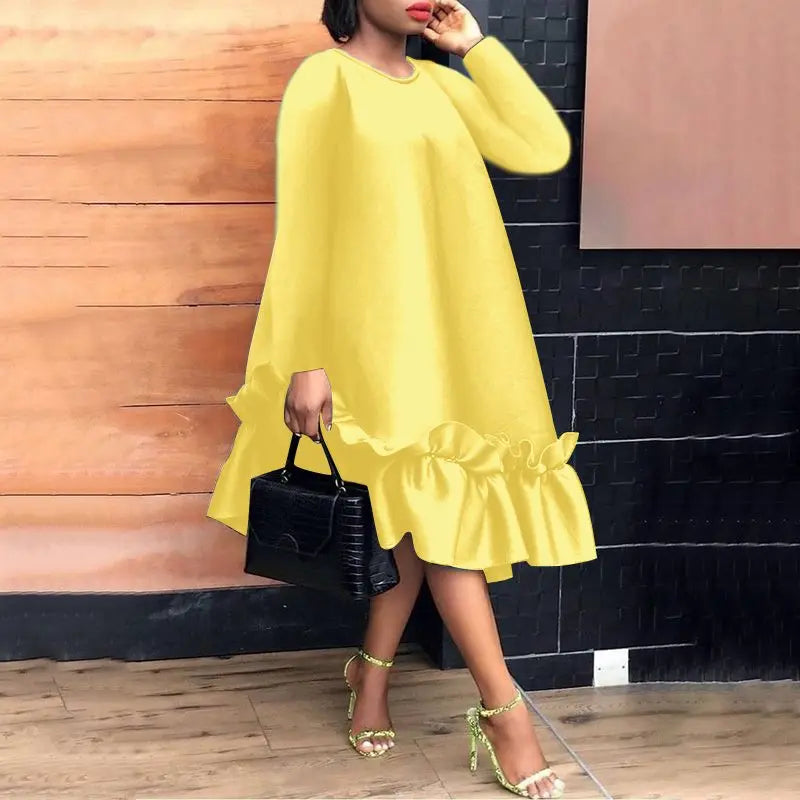 Elegant Ruffled Midi Dress For Women Long Sleeve Sundress