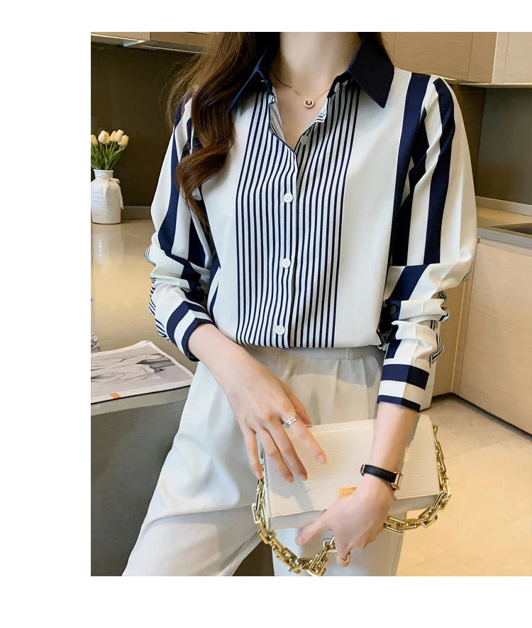 Women's Blue Striped Long Sleeve Shirt Button Up Polo Neck Blouse Casual Leisure Top