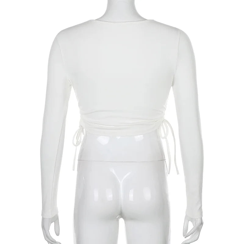 Sexy O-Neck Long Sleeve Bodycon Cropped Top with Irregular Drawstring Bandage Design for Women