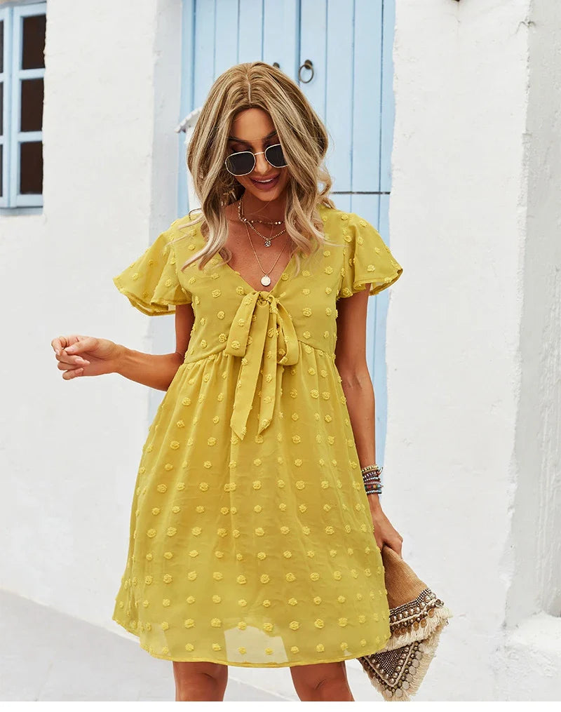 Bandage Dress For Women Solid High Waist Short Sleeve