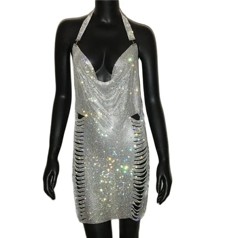 Backless Halter Neck Dress With Rhinestones Side Split