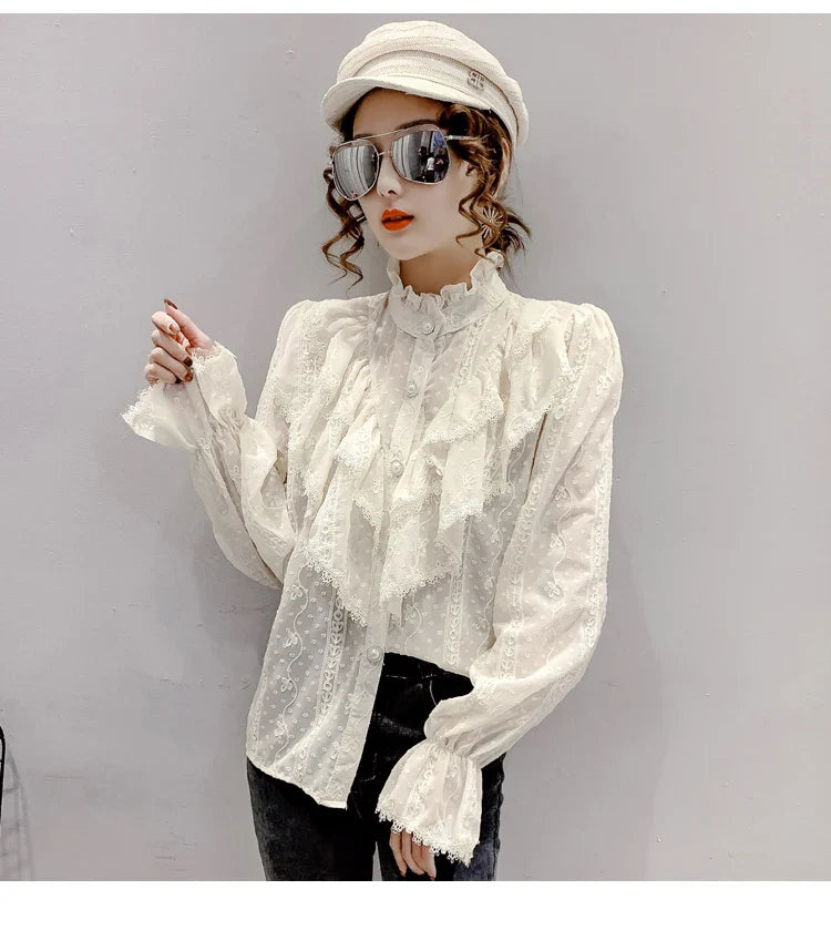 Elegant Women Long Sleeve Loose Button Shirt with Stand Collar Pleated Design Ruffle Lace Blouse Casual Spring Fashion Top