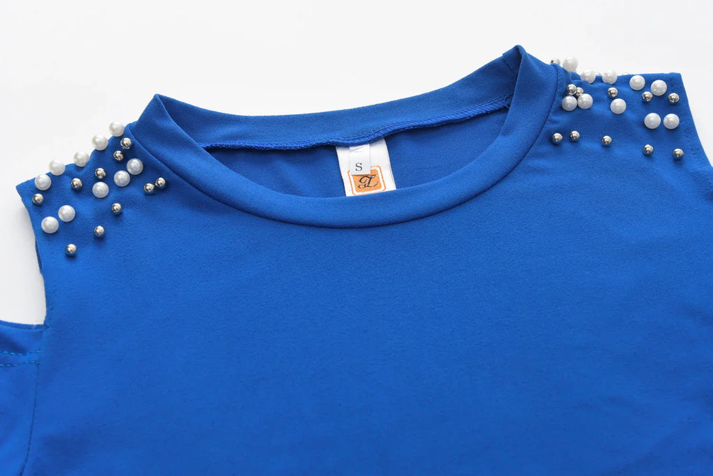 Off the Shoulder Sexy Stud Bead Solid Color Long Sleeve Sports Set