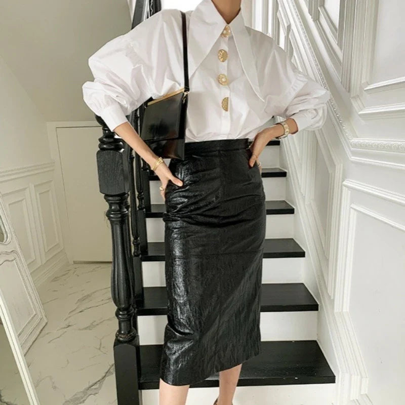 Spring Lapel Turn Down Collar Lantern Sleeve Casual Blouse Elegant Retro Loose Fit All-Match Women's Shirt