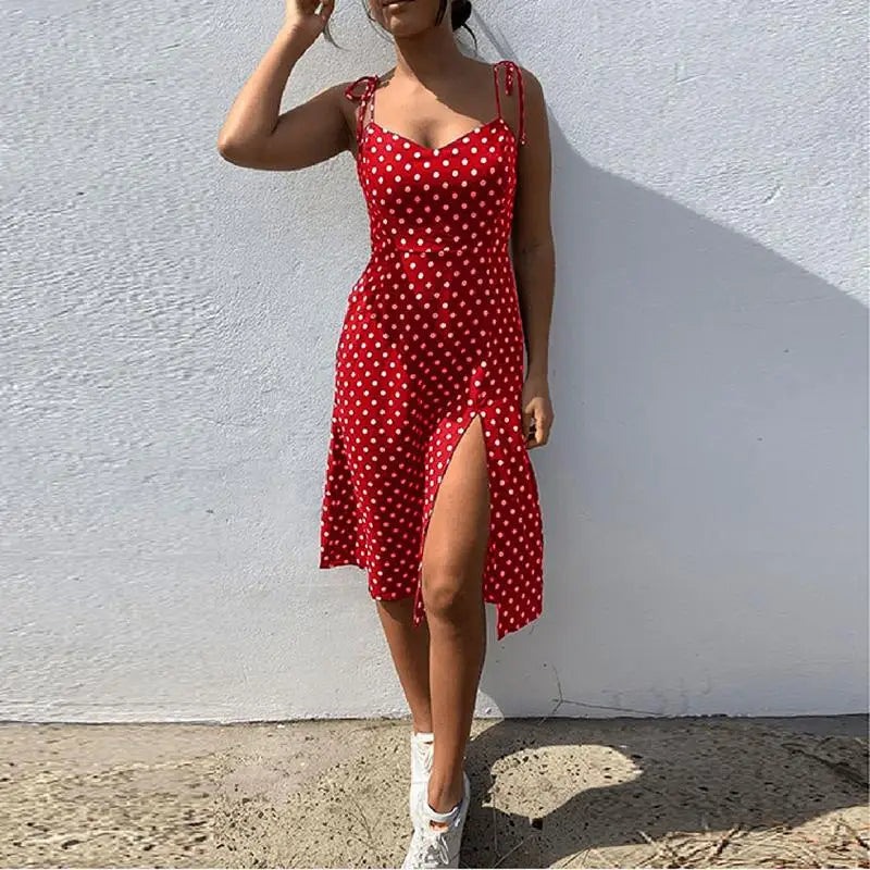 Polka Dot Sleeveless Sundress With Elastic Waist V Neck
