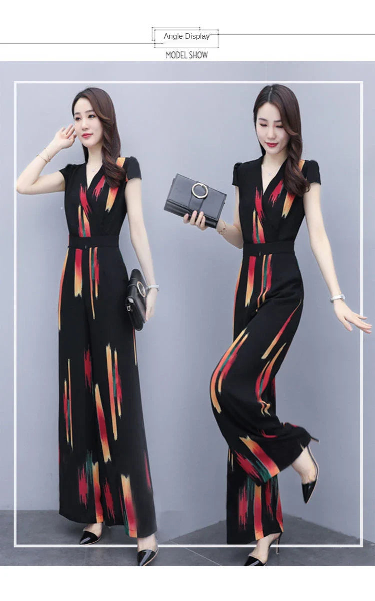 Women's Elegant V-Neck Bodysuit Jumpsuit with High Waist Wide Leg Pants Casual Printed Playsuit Romper