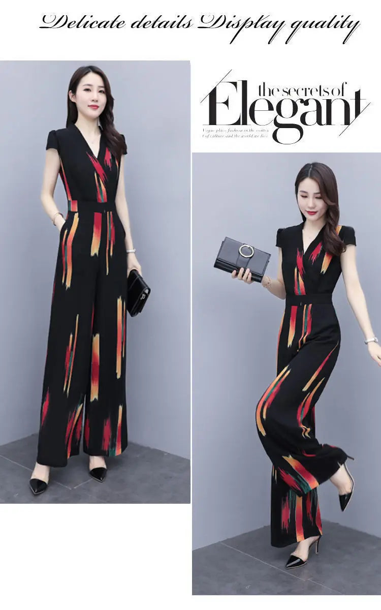 Women's Elegant V-Neck Bodysuit Jumpsuit with High Waist Wide Leg Pants Casual Printed Playsuit Romper