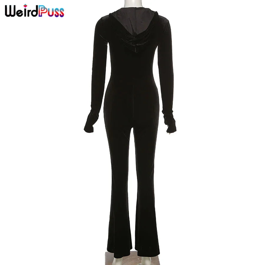 Weird Puss Velvet Zipper Hoodie Jumpsuit for Women Long Sleeve Skinny Stretchy Fitness Activewear Autumn Trend Hot Street Outfit