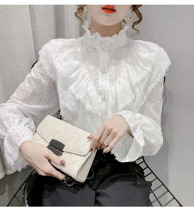Elegant Women Long Sleeve Loose Button Shirt with Stand Collar Pleated Design Ruffle Lace Blouse Casual Spring Fashion Top