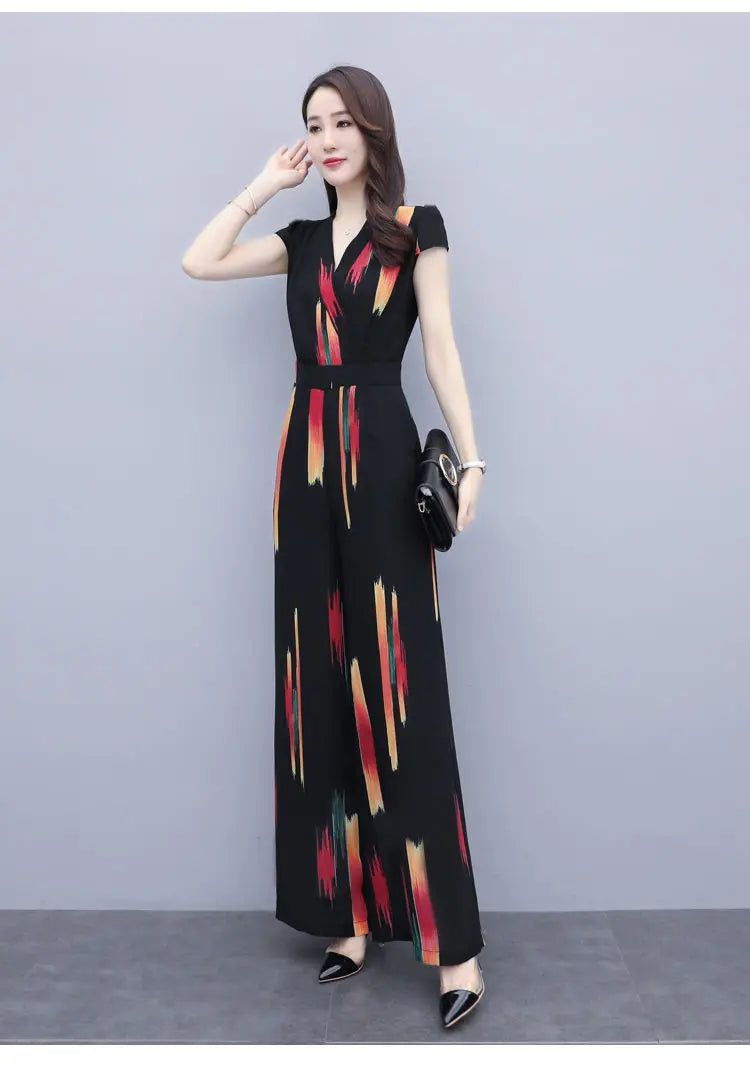 Women's Elegant V-Neck Bodysuit Jumpsuit with High Waist Wide Leg Pants Casual Printed Playsuit Romper