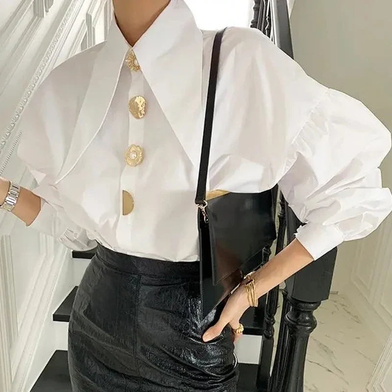 Spring Lapel Turn Down Collar Lantern Sleeve Casual Blouse Elegant Retro Loose Fit All-Match Women's Shirt