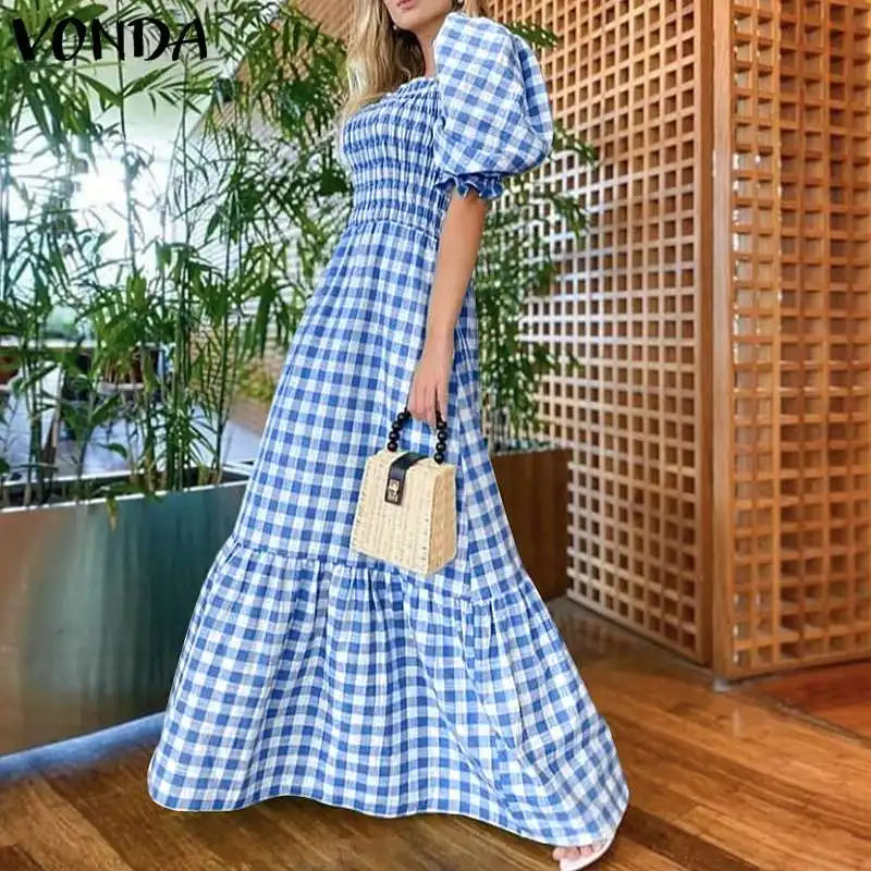 Boho Plaid Maxi Dress With Short Puff Sleeve For Summer