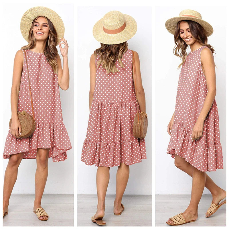 Polka Dot Dress Ruffled Sleeveless Women Round Neck