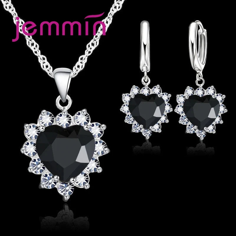 925 Sterling Silver Heart Pendant and Hoop Earrings Jewelry Set for Engagement and Anniversary Gifts