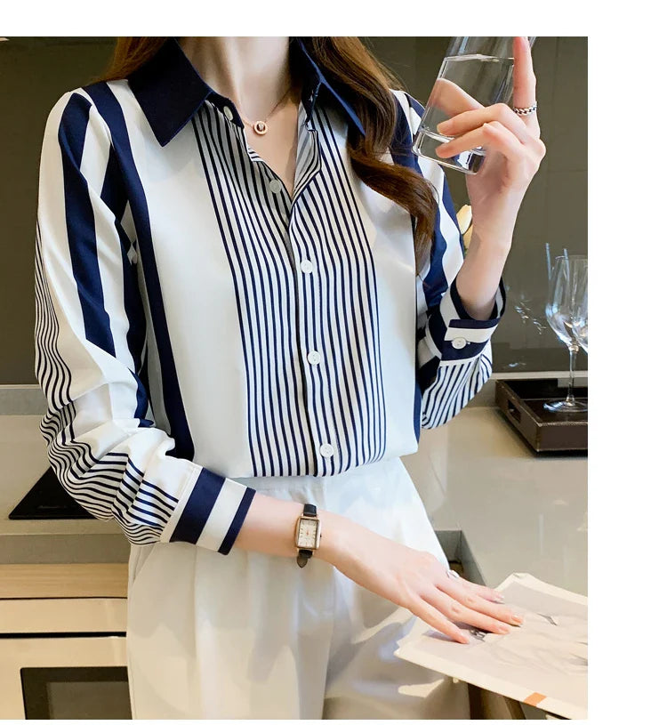 Women's Blue Striped Long Sleeve Shirt Button Up Polo Neck Blouse Casual Leisure Top
