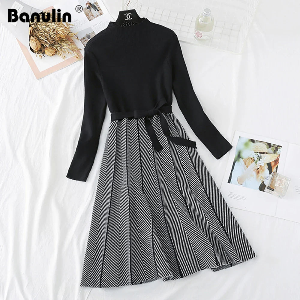 Knit Turtleneck A Line Dress With Long Sleeve Stripe Print
