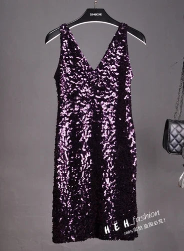Sequin Dress Sleeveless Backless V Neck Party Nightclub