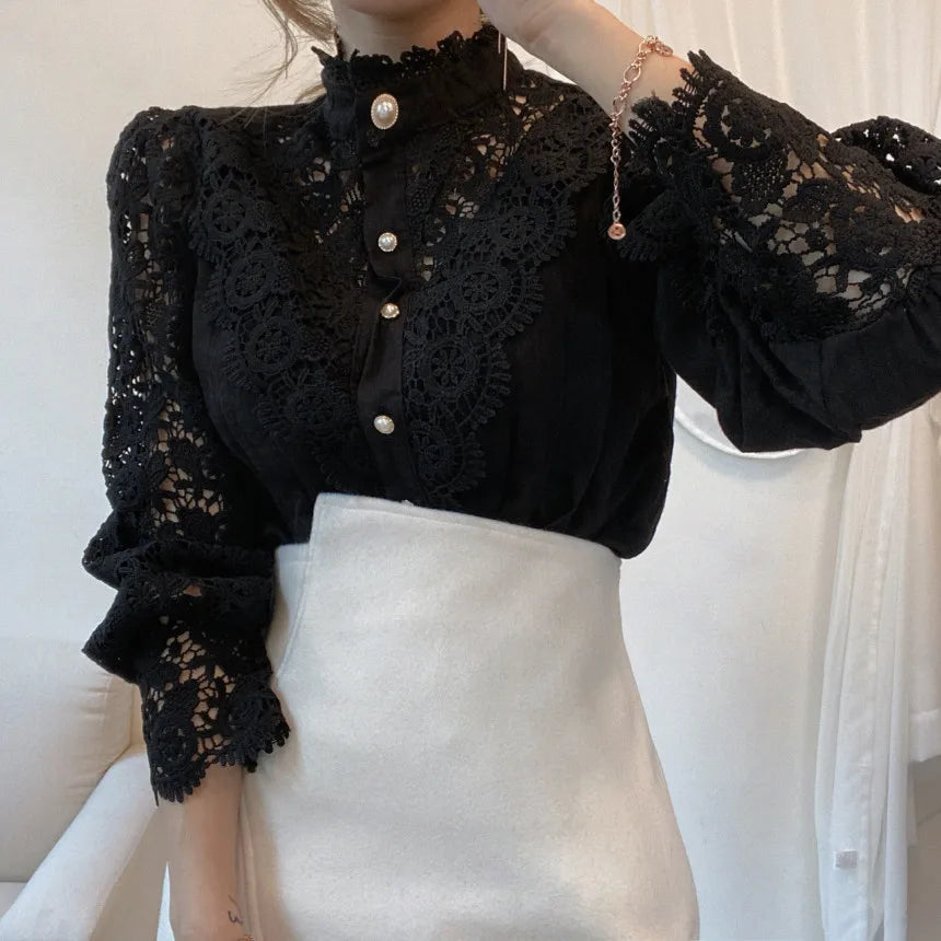 Elegant Hollow Out Long Sleeve Women Blouse with Petal Sleeves and Stand Collar, Stylish Office Shirt for Autumn Fashion