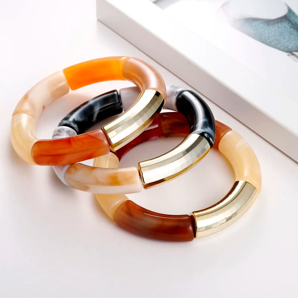 Trendy Handmade Acrylic Bamboo Bead Bracelet Set of 4 Elastic Bangles