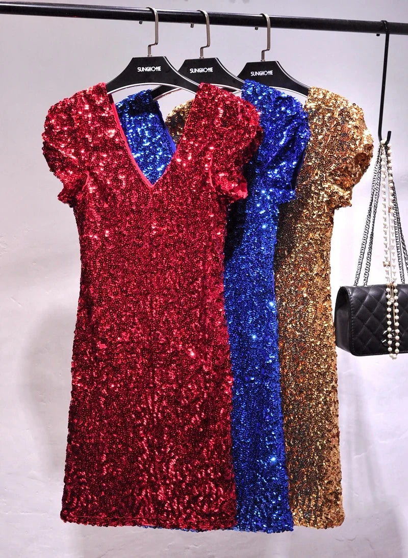 V Neck Sequin Stage Dress For Performance Glittering Look
