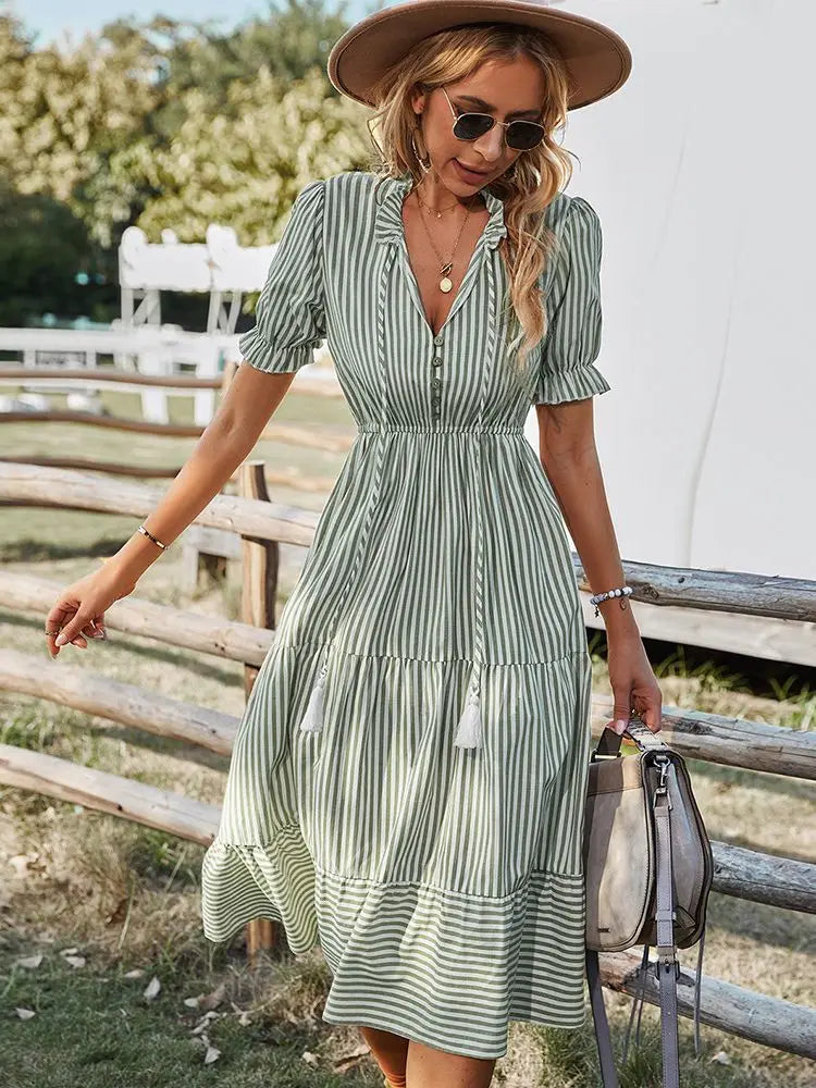 Striped Lantern Sleeve Midi Dress With V Neck Ruffles