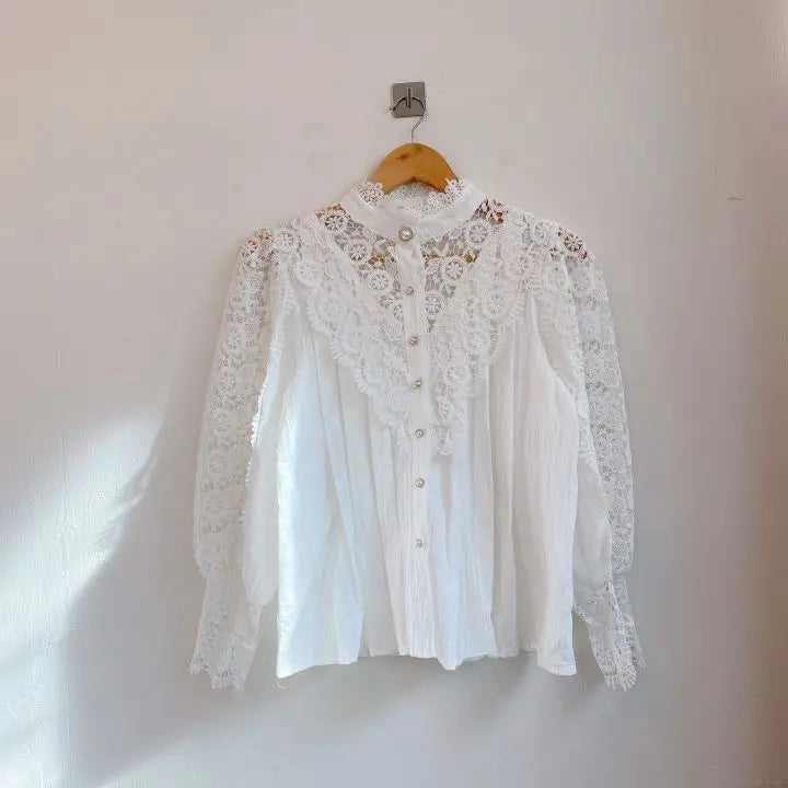Elegant Hollow Out Long Sleeve Women Blouse with Petal Sleeves and Stand Collar, Stylish Office Shirt for Autumn Fashion