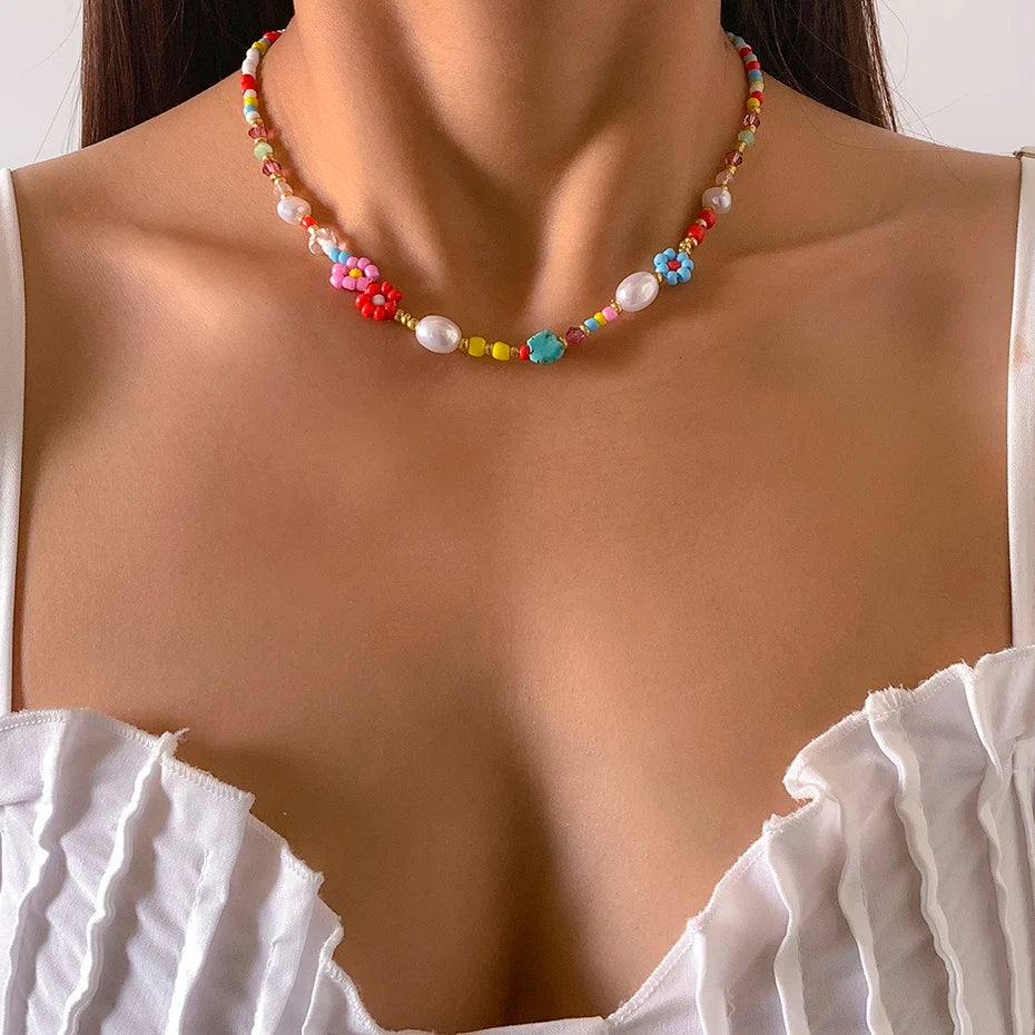 Baroque Simulated Pearl Colorful Flower Beaded Choker Necklace for Women and Girls