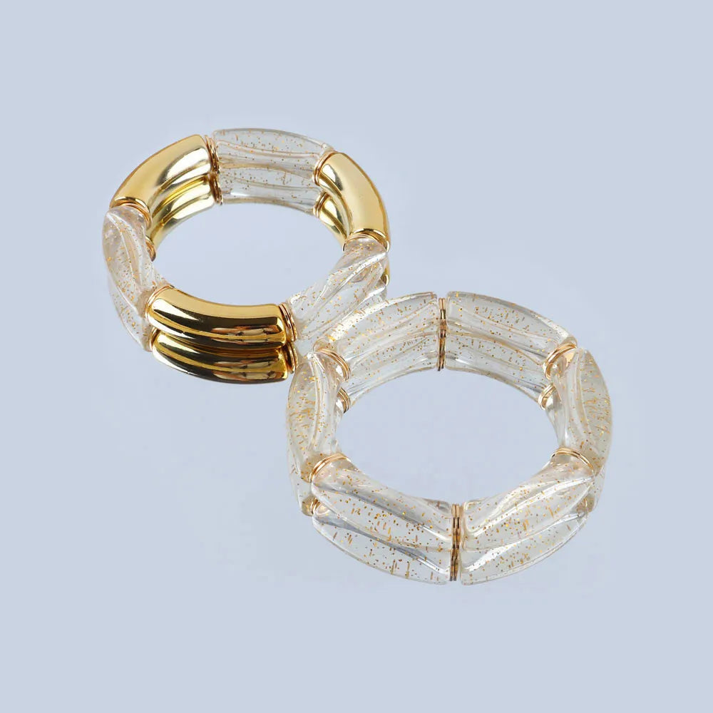 Trendy Handmade Acrylic Bamboo Bead Bracelet Set of 4 Elastic Bangles