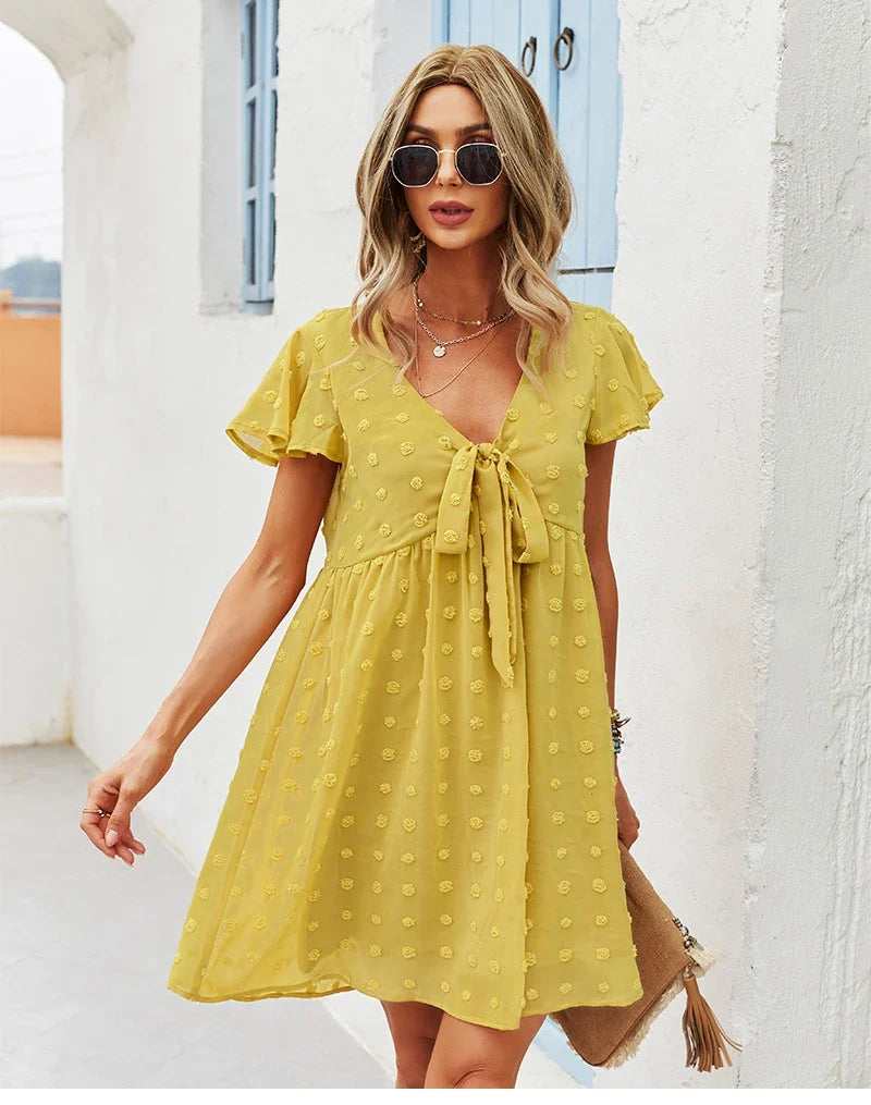 Bandage Dress For Women Solid High Waist Short Sleeve