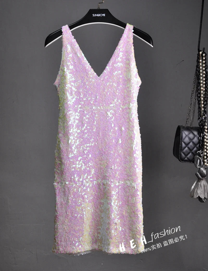 Sequin Dress Sleeveless Backless V Neck Party Nightclub