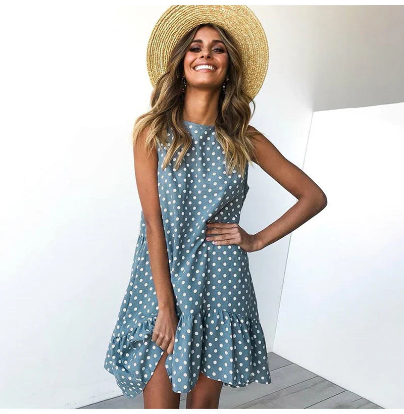 Polka Dot Dress Ruffled Sleeveless Women Round Neck