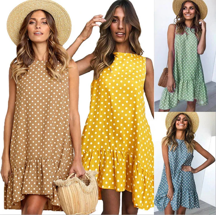 Polka Dot Dress Ruffled Sleeveless Women Round Neck