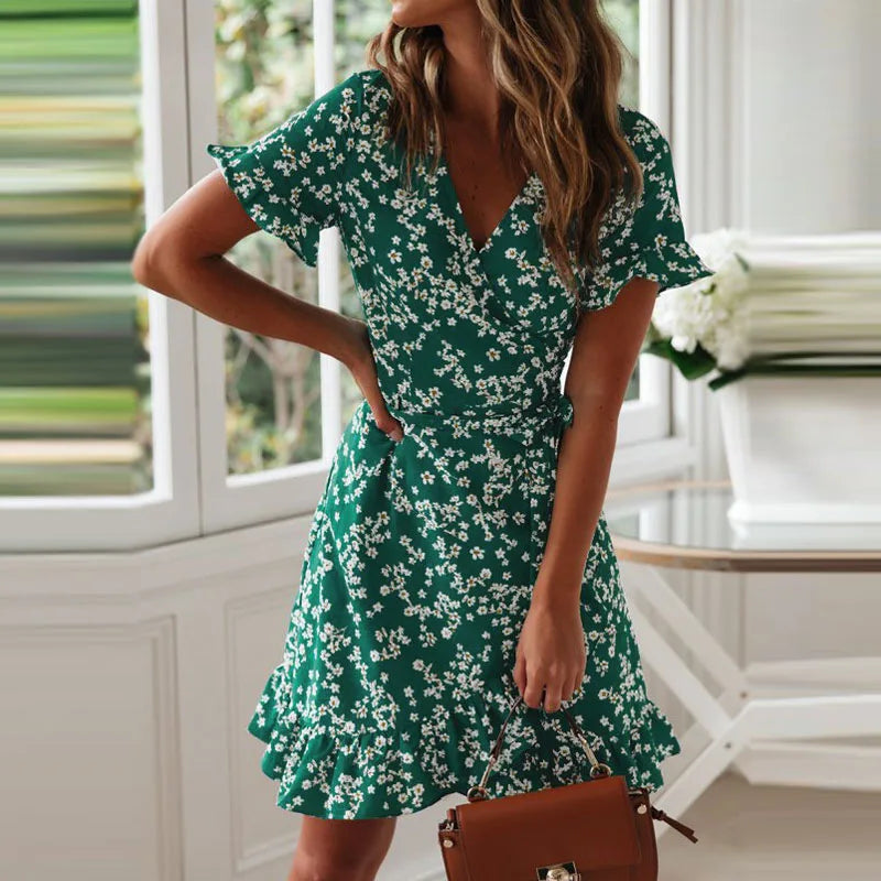 Boho Floral Sundress With Ruffles V Neck Chiffon Mini Dress