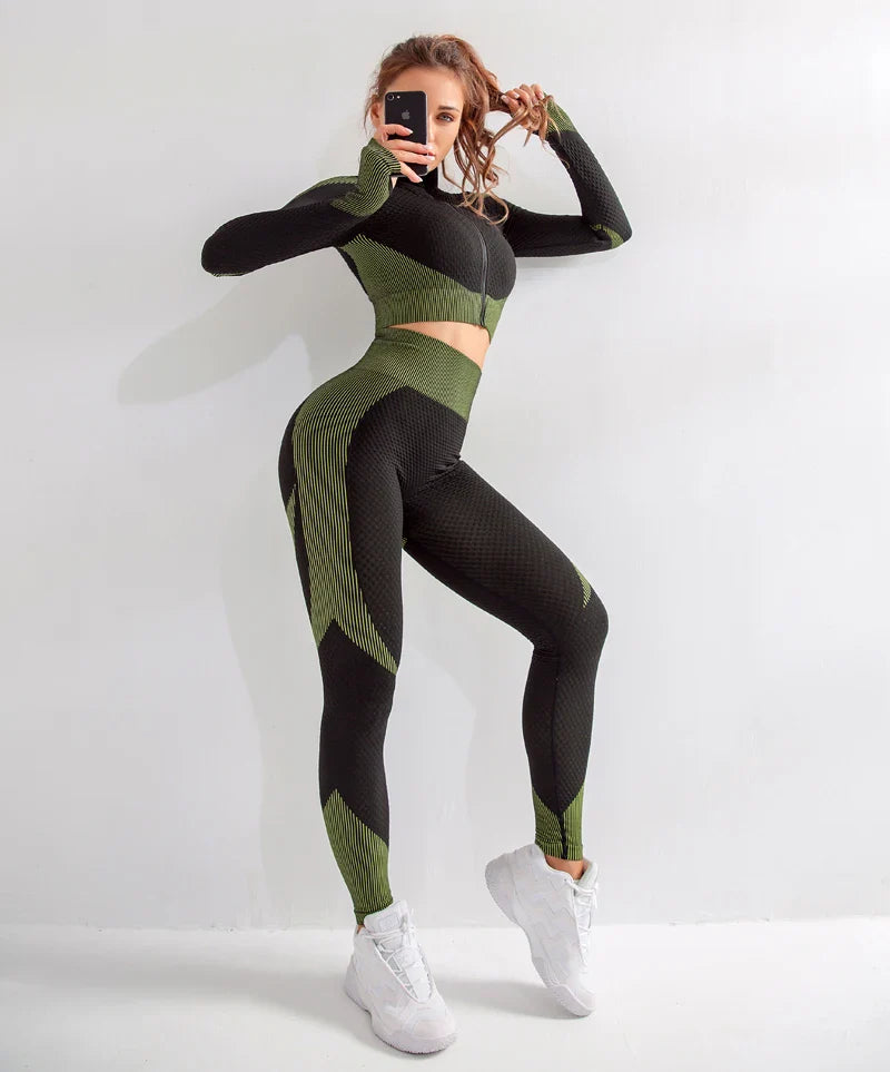 2/3Pcs Women Seamless Knitted Yoga Set with High Waist Leggings and Zipper Long Sleeve Crop Top Lightweight Stretchy Fitness Sportswear Gym Outfit