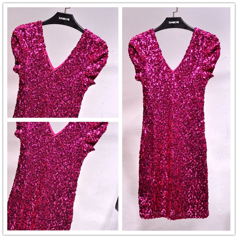 V Neck Sequin Stage Dress For Performance Glittering Look