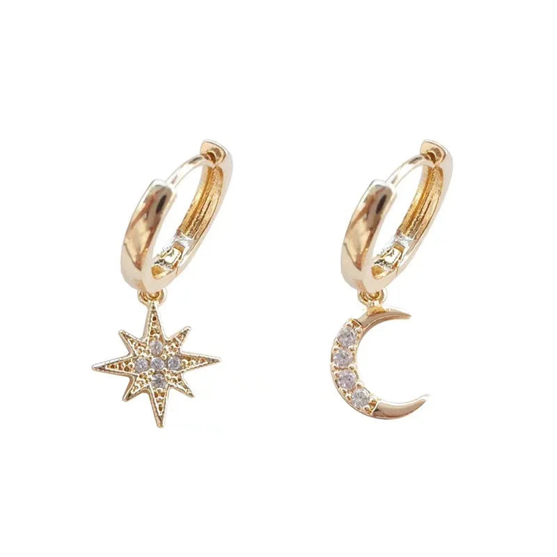 925 Sterling Silver CZ Star Moon Asymmetric Hoop Earrings for Women and Girls Party Jewelry Gifts