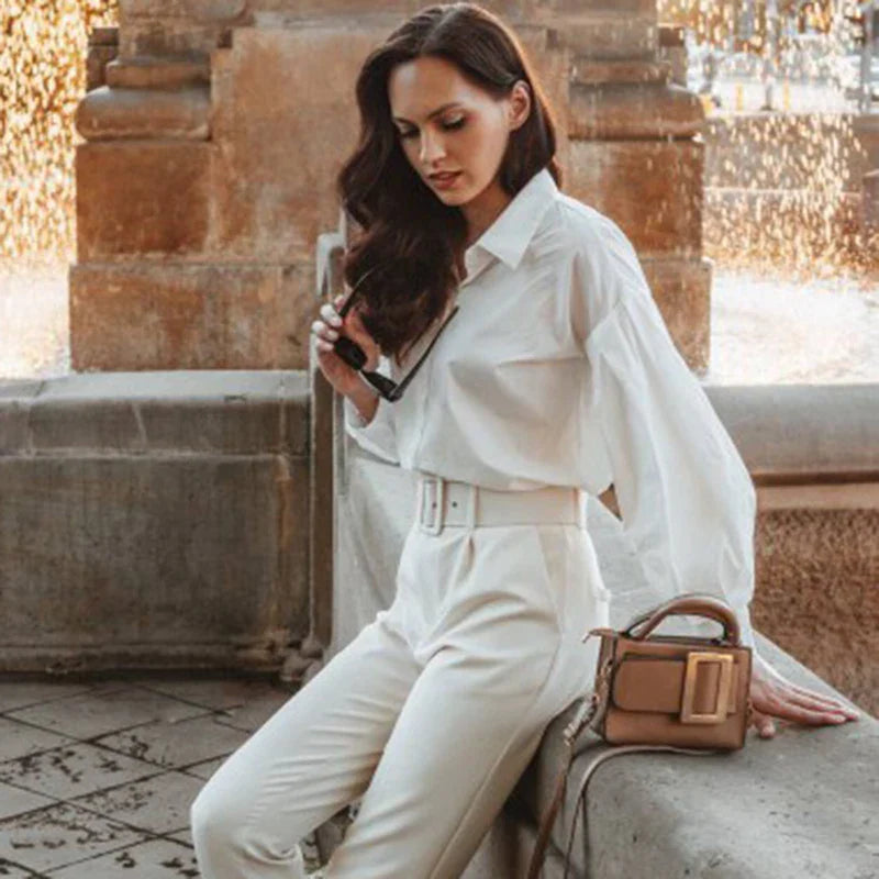 Lantern Sleeve Elegant Blouse with Button Front Turn Down Collar Casual Office Shirt for Women in White and Black