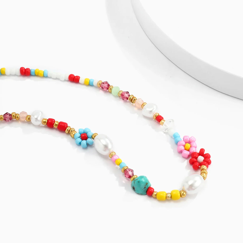 Baroque Simulated Pearl Colorful Flower Beaded Choker Necklace for Women and Girls